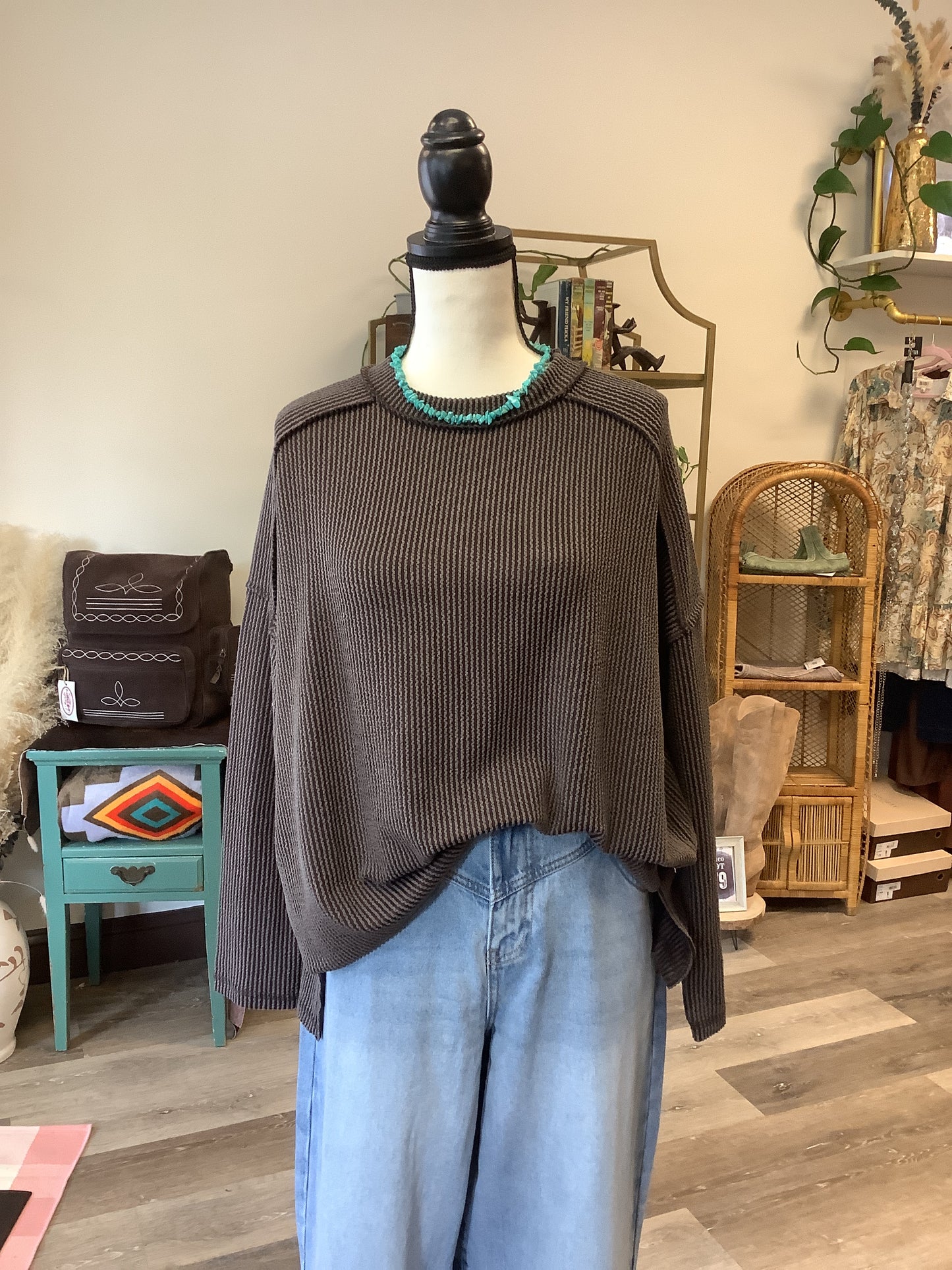 Raw Edge Ribbed Long Sleeve Tee // Espresso