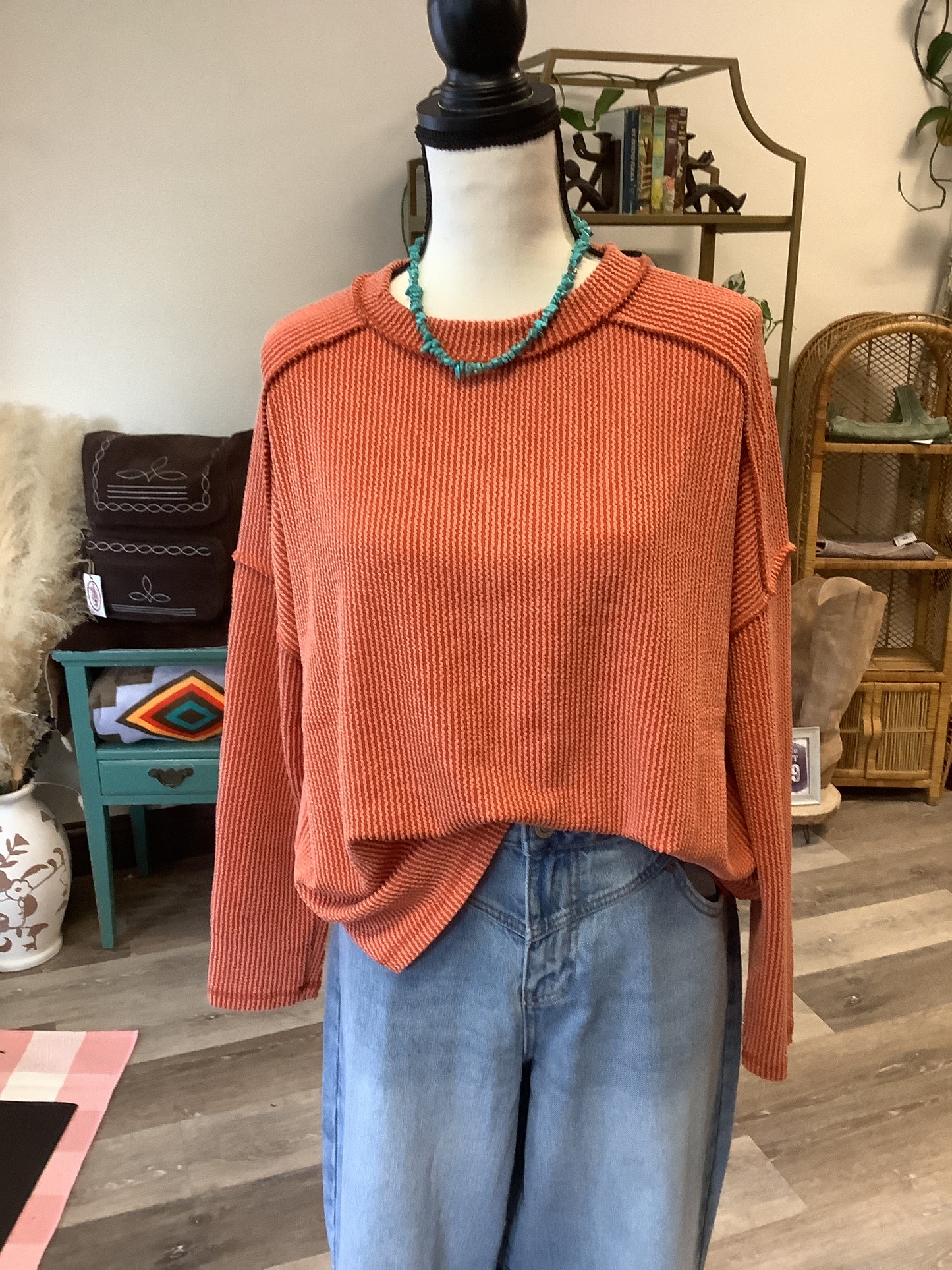 Raw Edge Ribbed Long Sleeve Tee // Pumpkin