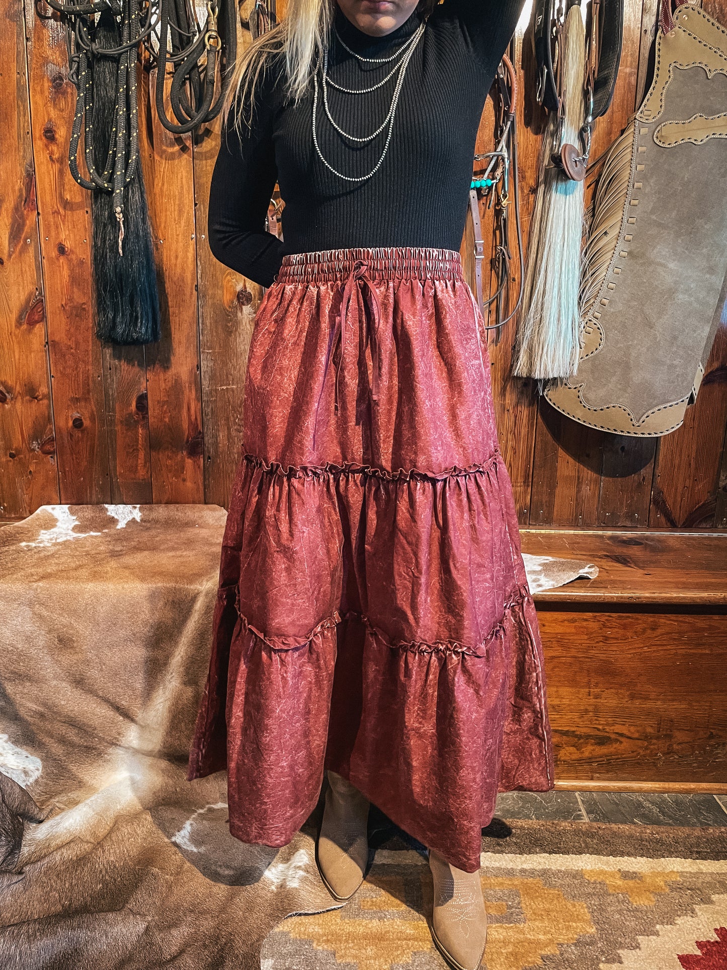 Western Prairie Tiered Skirt in Dark Rust