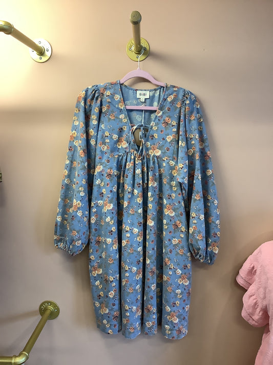 Washed Floral Denim Dress with Tie Front