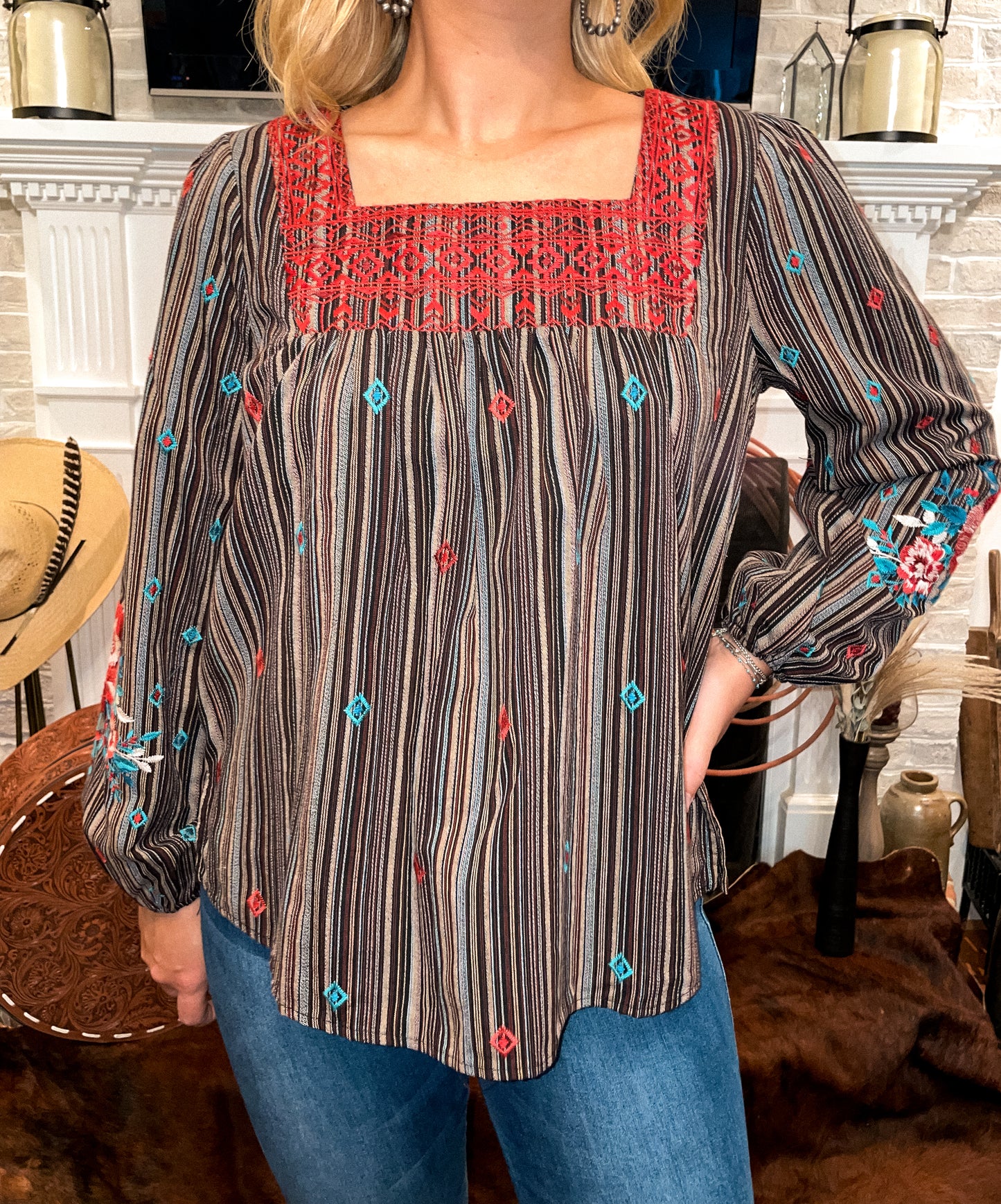 Southwest Striped Embroidered Top