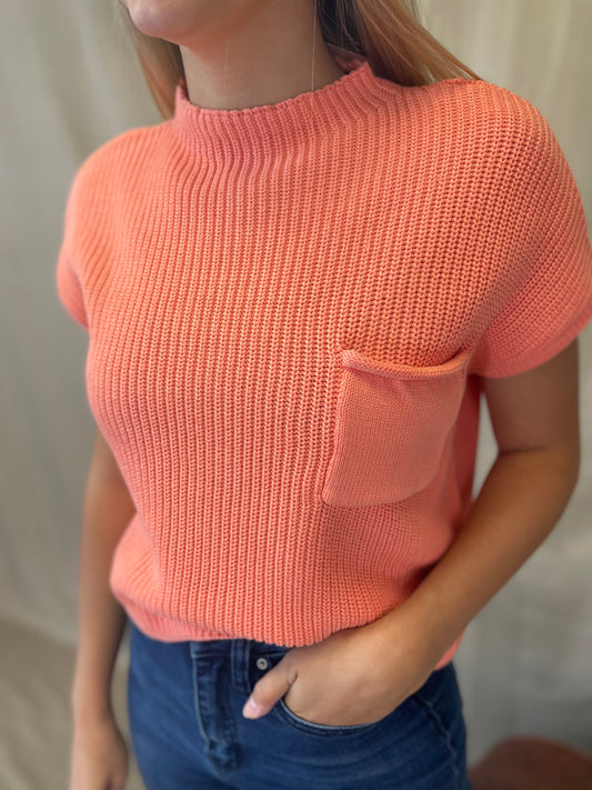 Basic Short Sleeve Cropped Sweater in Coral