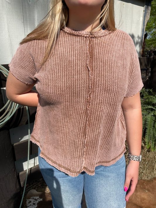 Boxy Raw Edge Waffle Knit Top in Brown