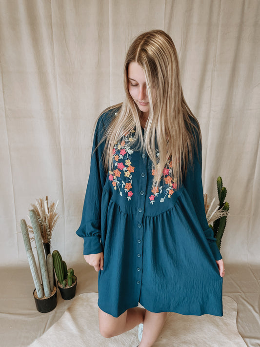 Flower Child Embroidered Button Dress