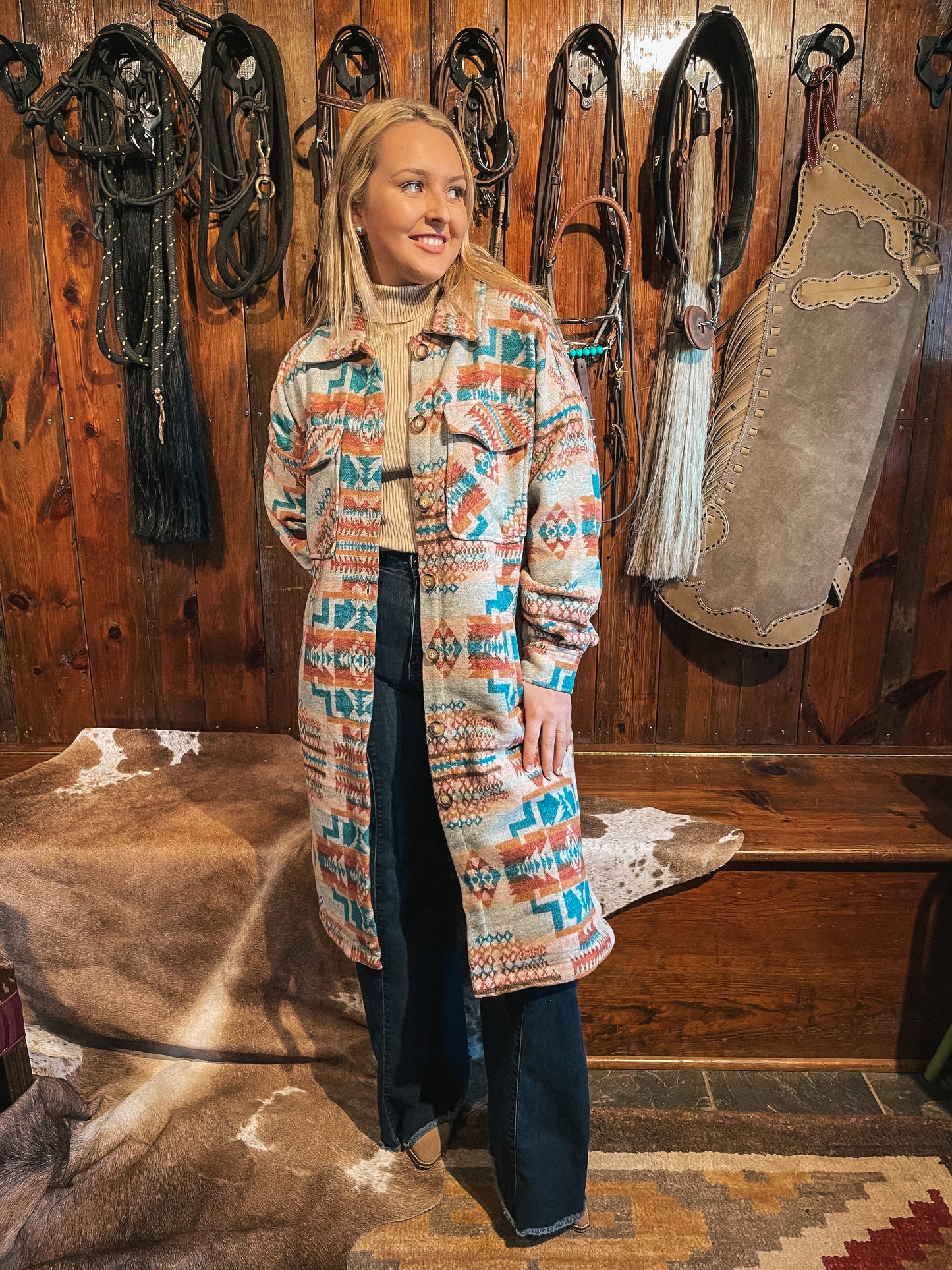 Jade Aztec Duster Shacket in Turquoise