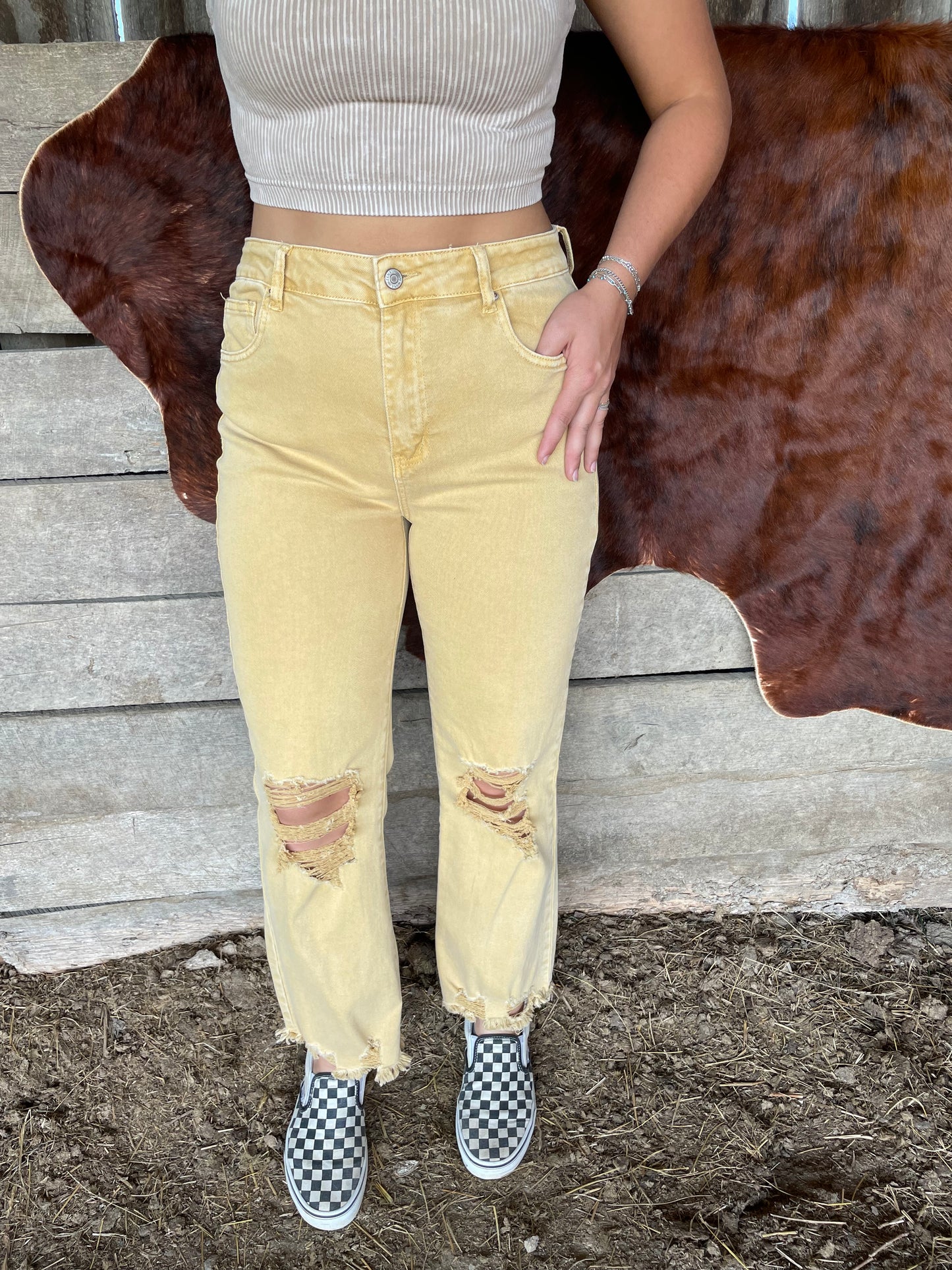 Annie Distressed Straight Leg Jeans in Mustard