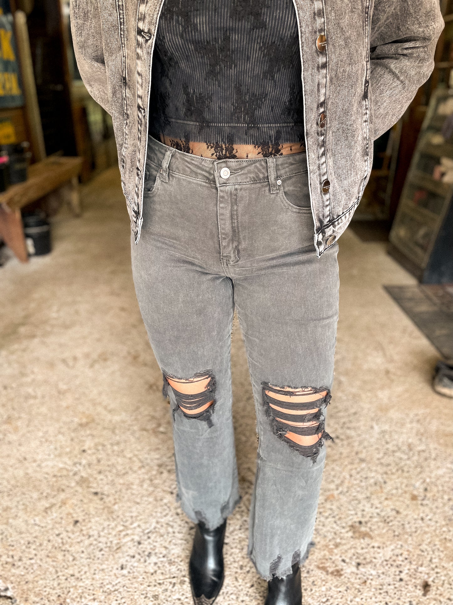 Annie Distressed Straight Leg Jeans in Charcoal