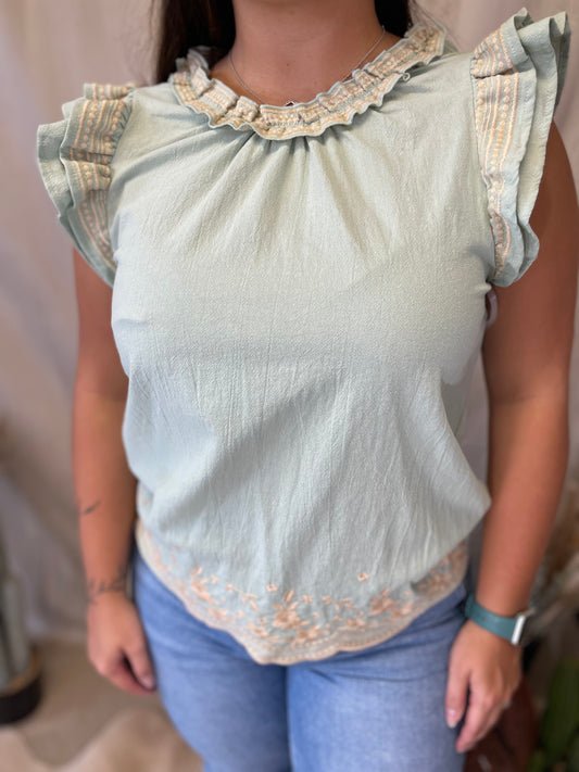 Mallory Sleeveless Embroidered Top in Mint