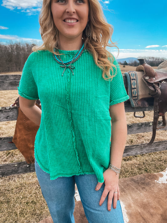 Raw Edge Waffle Knit Top in Clover