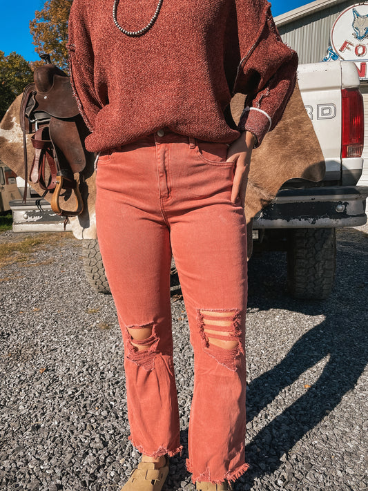 Annie Distressed Straight Leg Jean in Rust