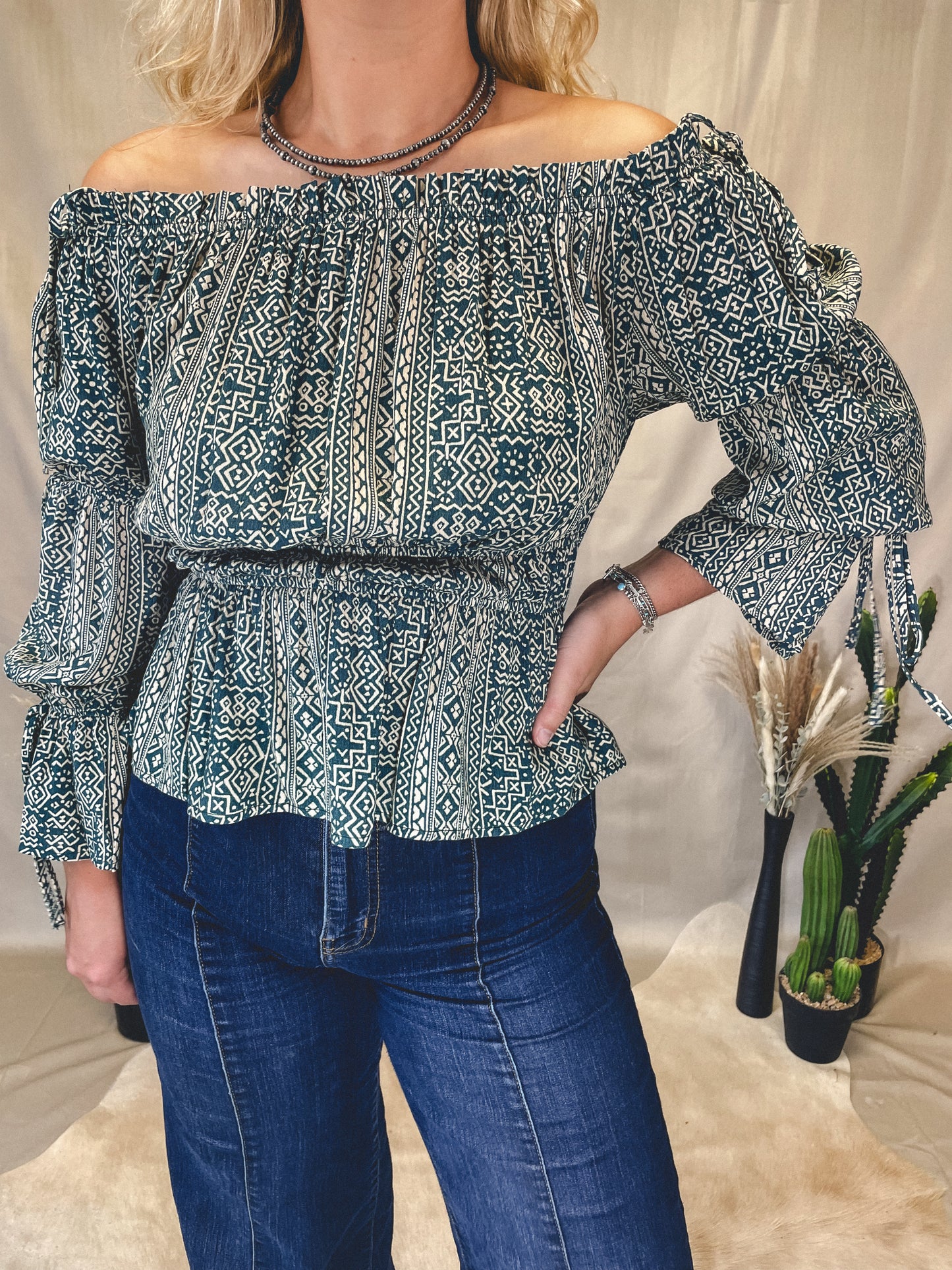 Tribal Breeze Smocked Top in Emerald