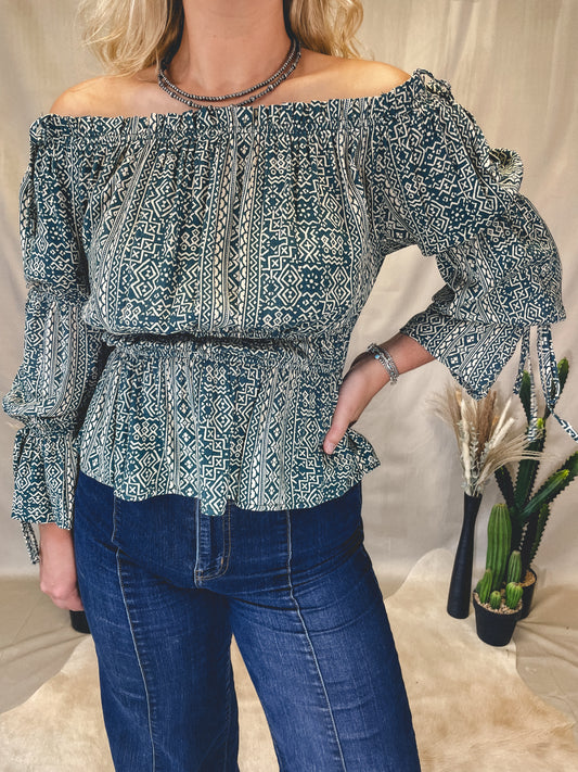 Tribal Breeze Smocked Top in Emerald