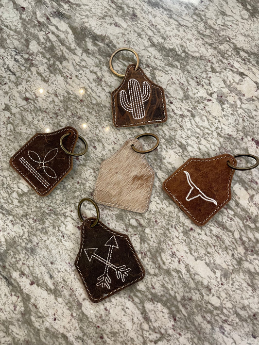 Embroidered Western Keychain // Cowhide + Leather