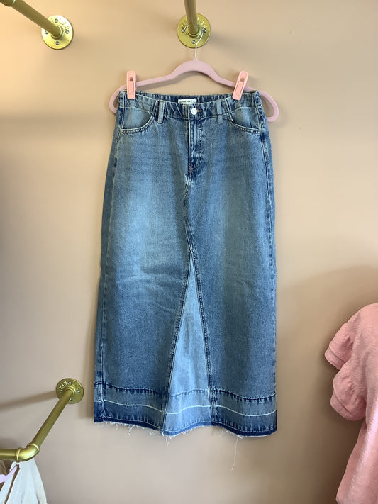 Distressed Denim Maxi Skirt // Medium Wash