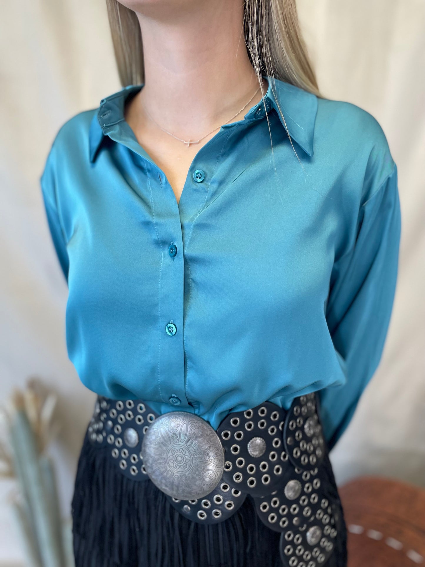 Corporate Cowgirl Basic Button-Up Top in Turquoise