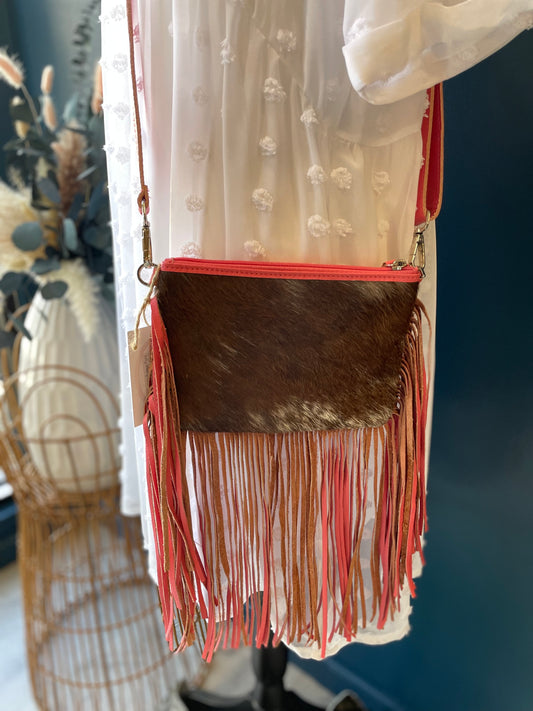 Genuine Cowhide Fringe Crossbody Bag // Pink