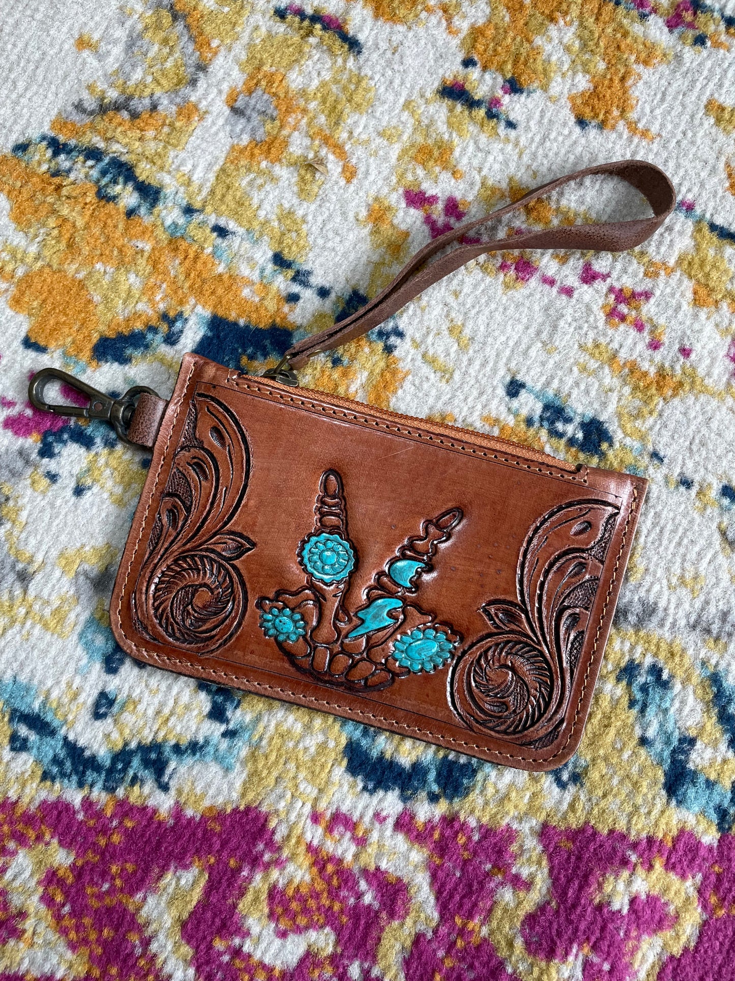 Turquoise Peace Sign Tooled Leather Card Wallet