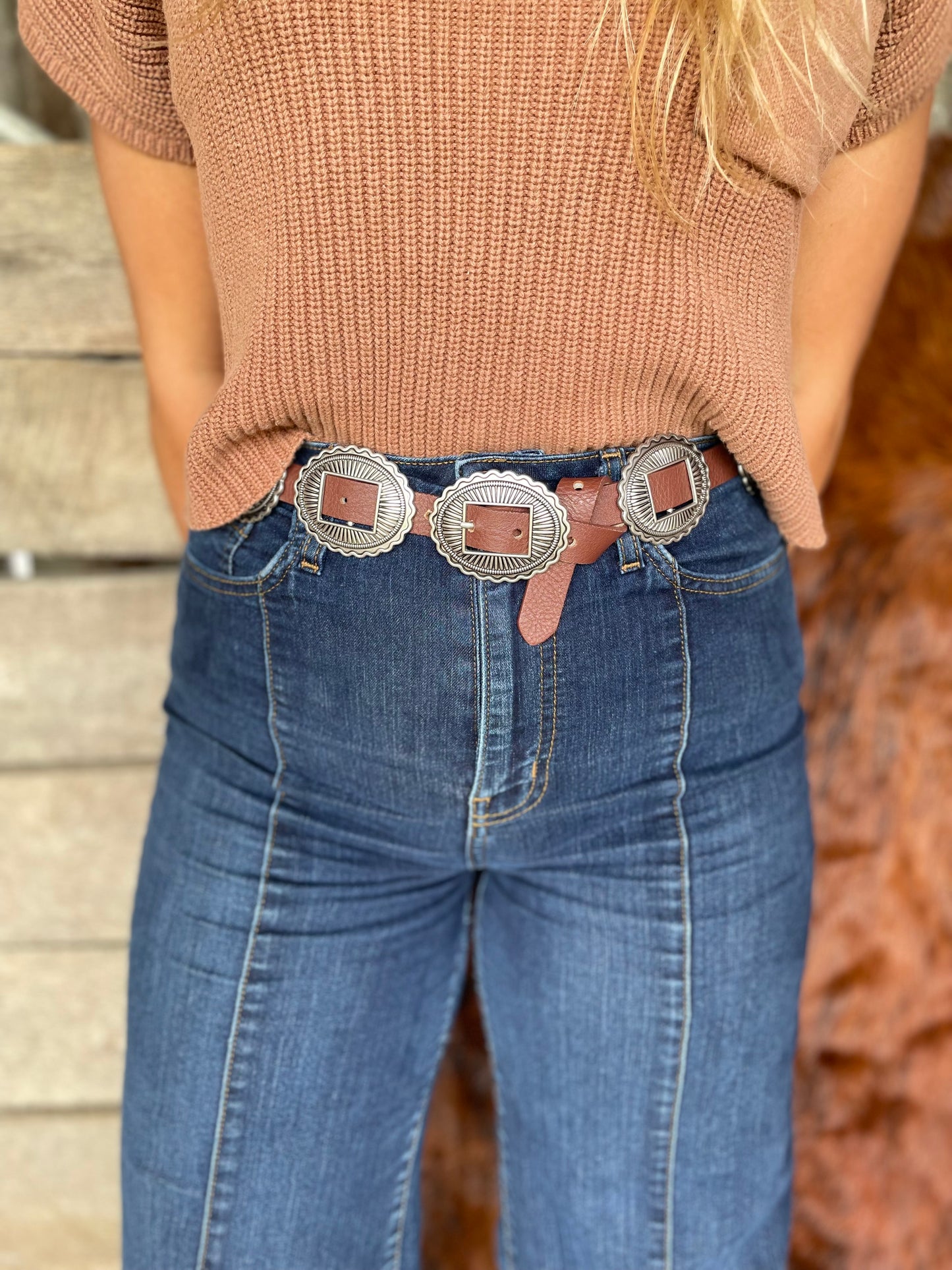 Leather Concho Belt in Brown