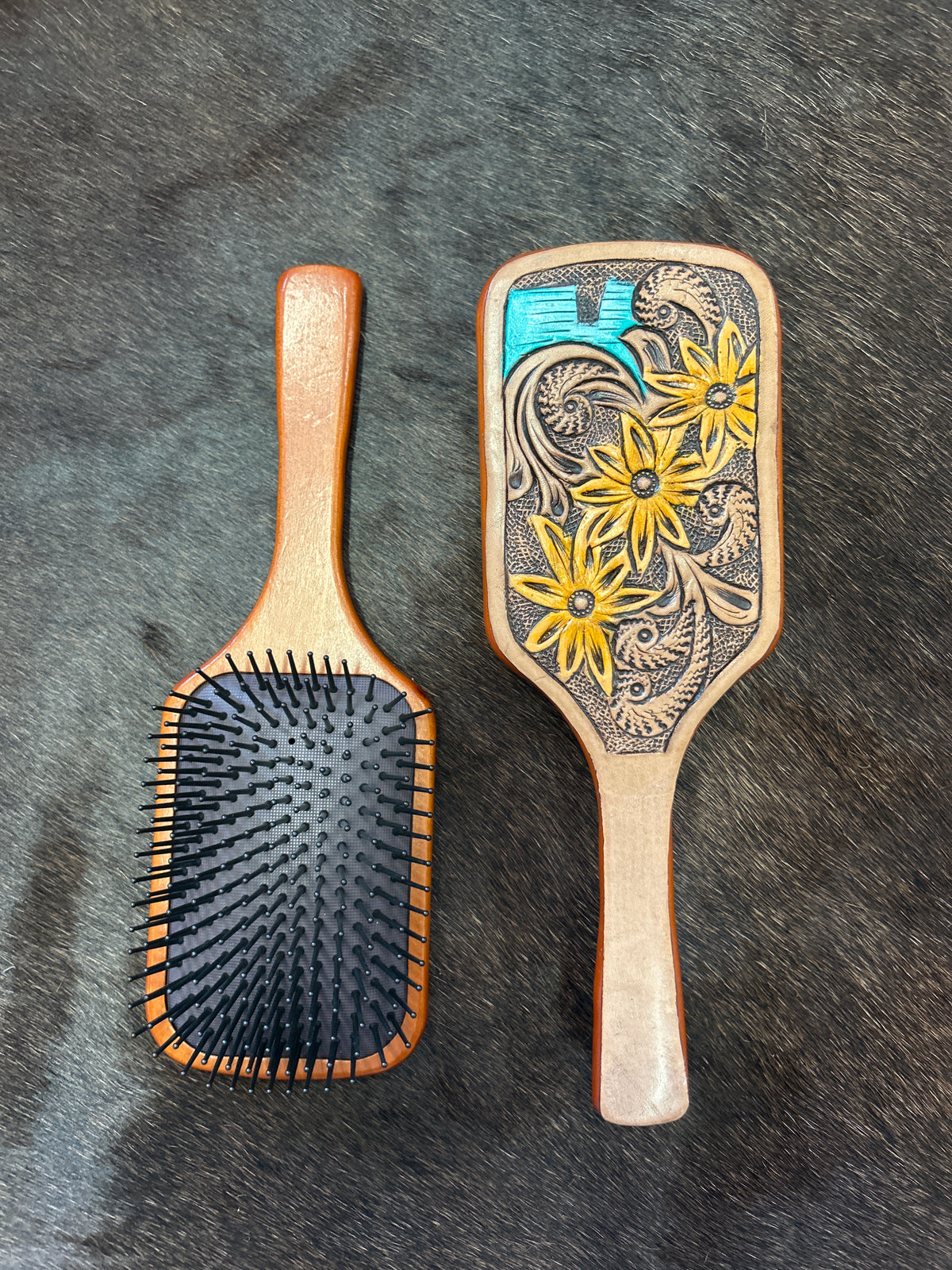 Leather Paddle Brush // Flowers