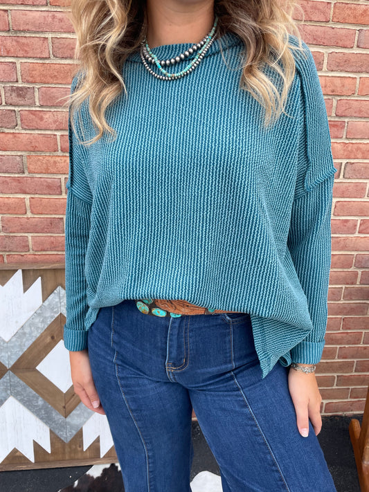 Raw Edge Ribbed Long Sleeve Tee // Turquoise