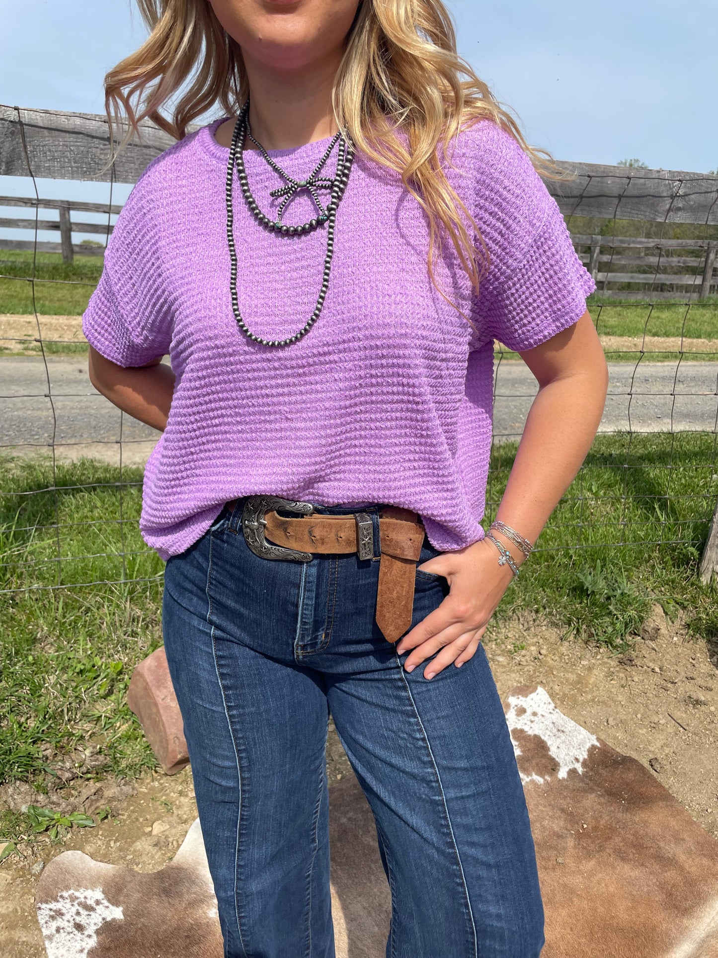 Basic Boxy Waffle Knit Top in Lilac