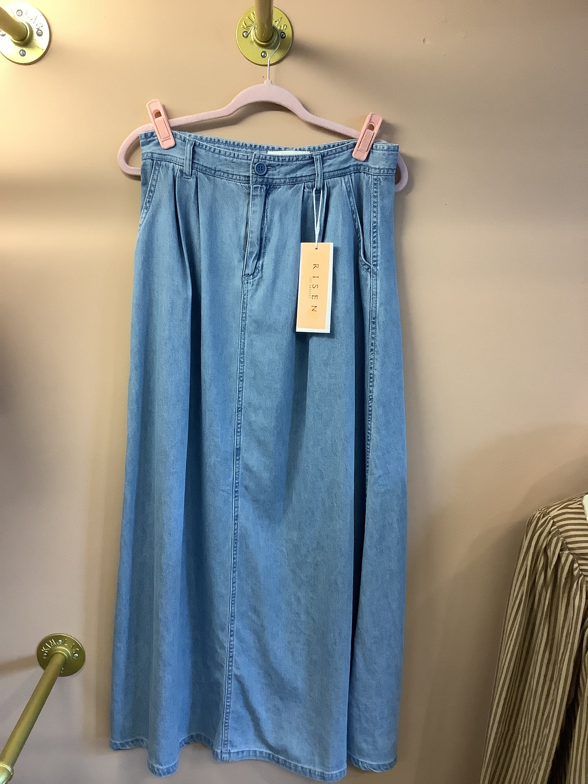 Risen High Rise Denim Maxi Skirt