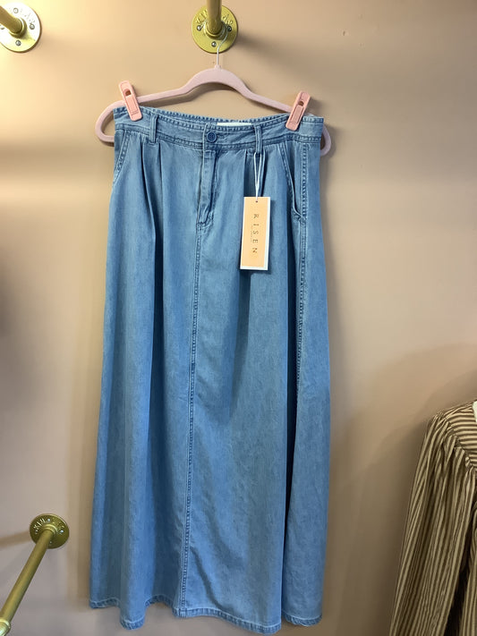 Risen High Rise Denim Maxi Skirt