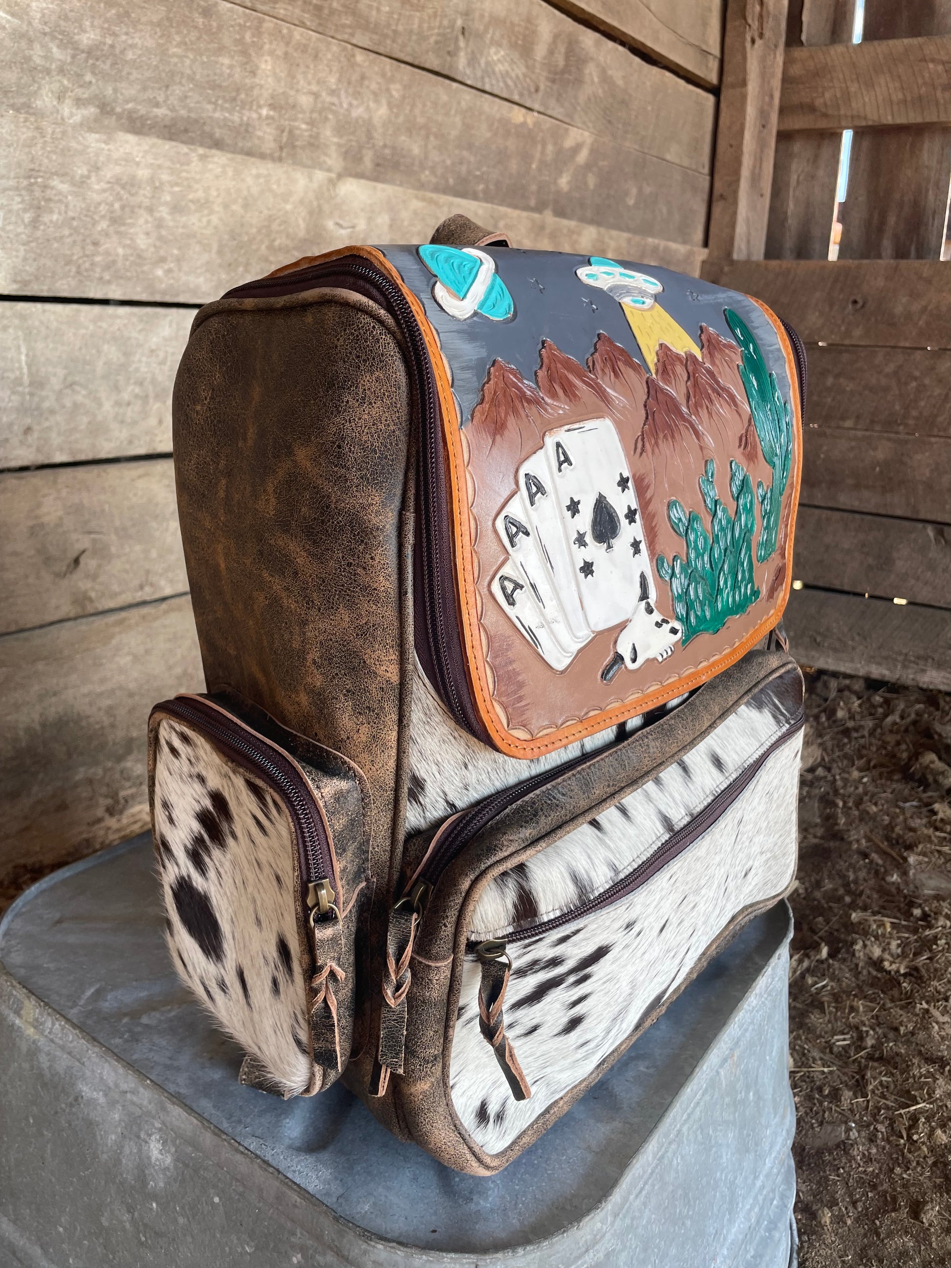 cow leather backpack Space Cowboy Tooled Leather & Cowhide Backpack