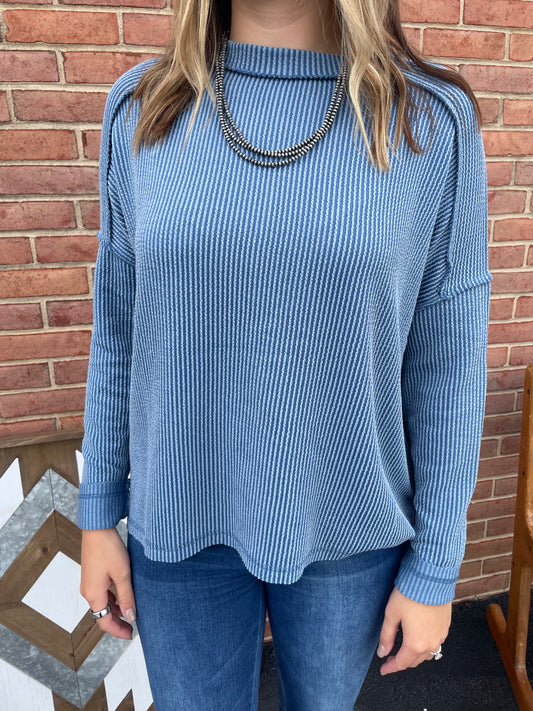 Raw Edge Ribbed Long Sleeve Tee // Denim