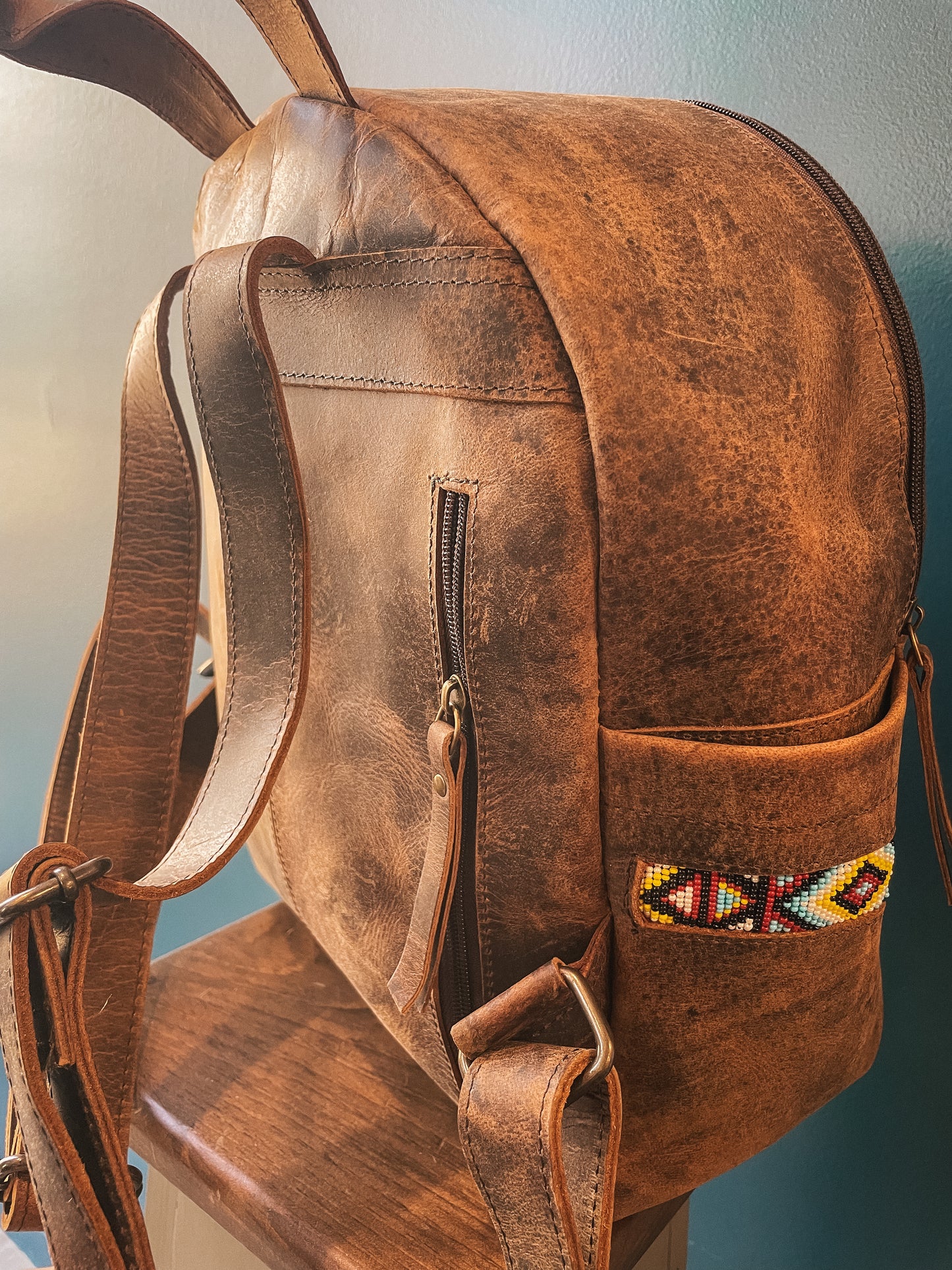 Small Genuine Leather & Seed Bead Backpack