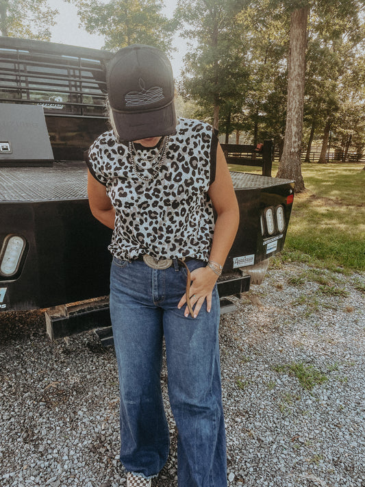 Black & Grey Leopard Sleeveless Knit Top