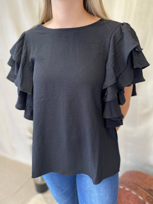 Classic Ruffle Sleeve Blouse in Black