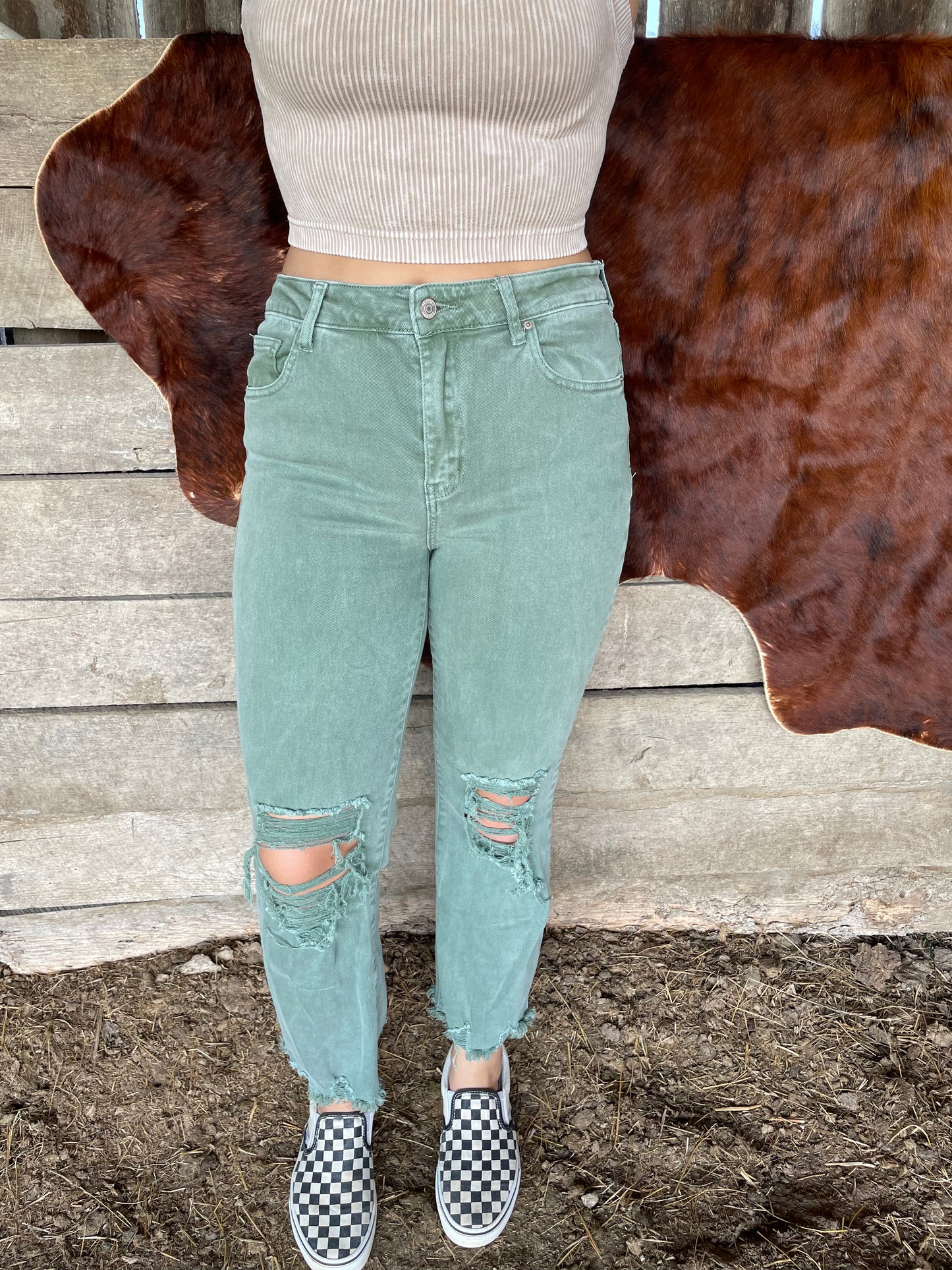 Annie Distressed Straight Leg Jeans in Sage