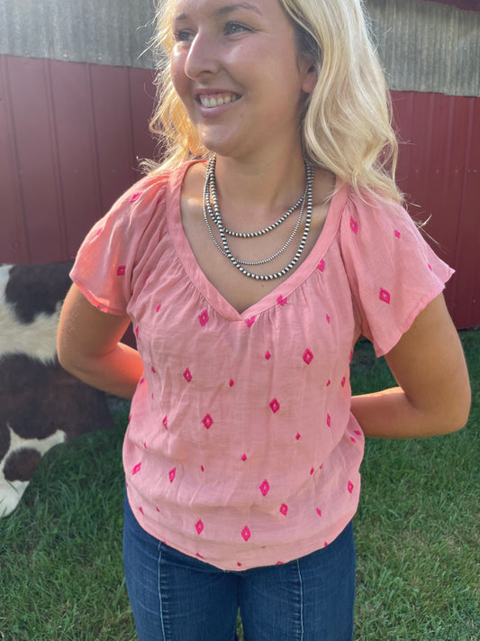 Sheer Aztec Embroidered Top in Pink