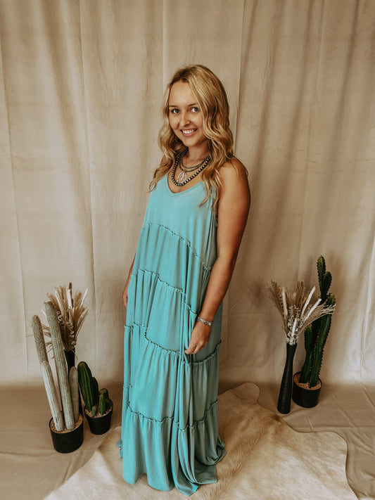 Basic Tiered Adjustable Strap Maxi Dress in Turquoise