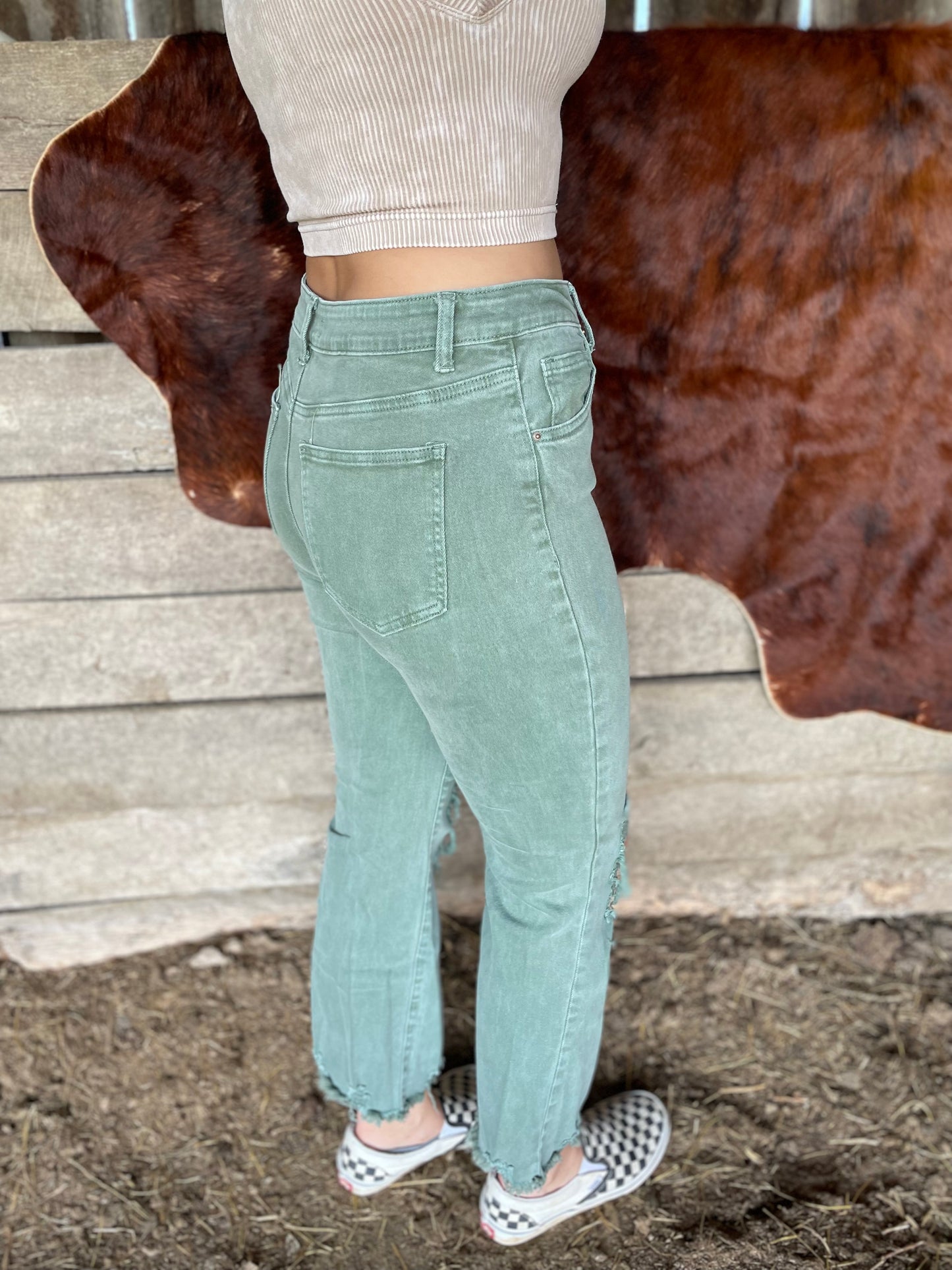 Annie Distressed Straight Leg Jeans in Sage