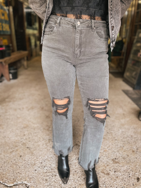 Annie Distressed Straight Leg Jeans in Charcoal