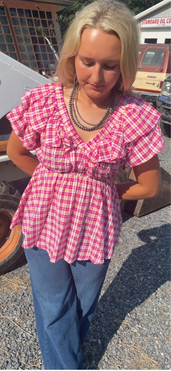 Peachy Plaid Ruffle Top