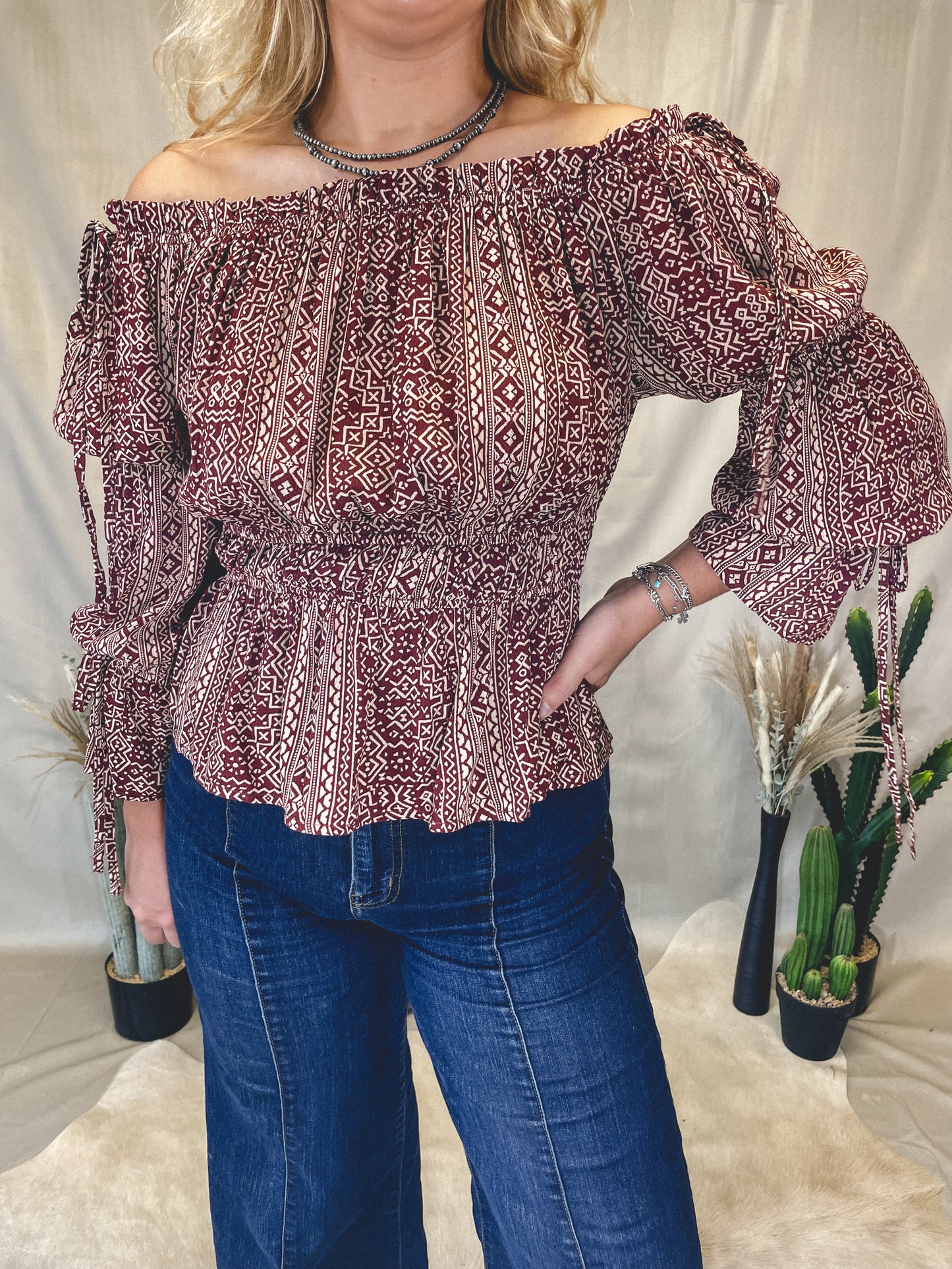 Tribal Breeze Smocked Top in Wine