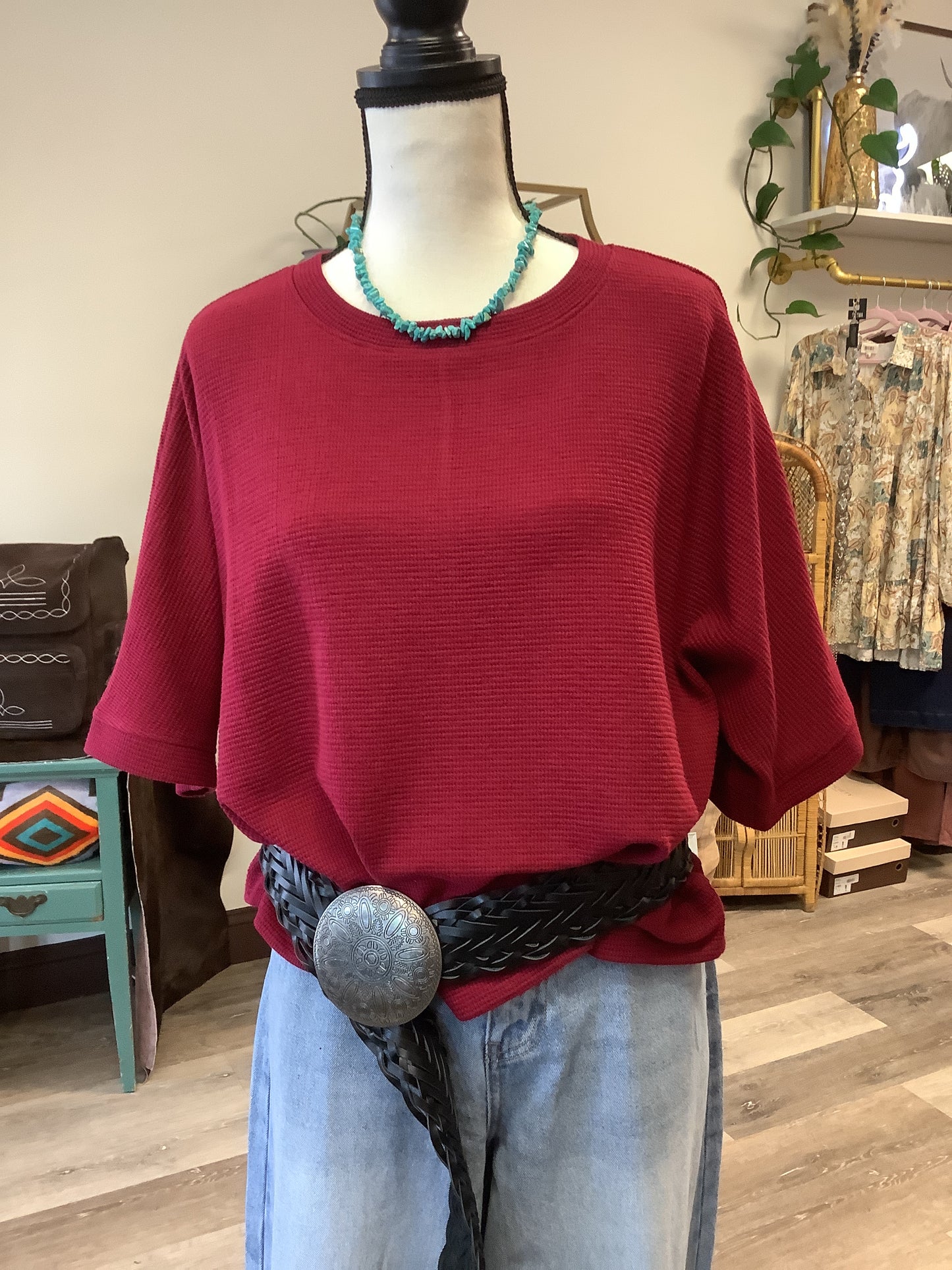 Double Knit Short Sleeve Sweater Top // Wine