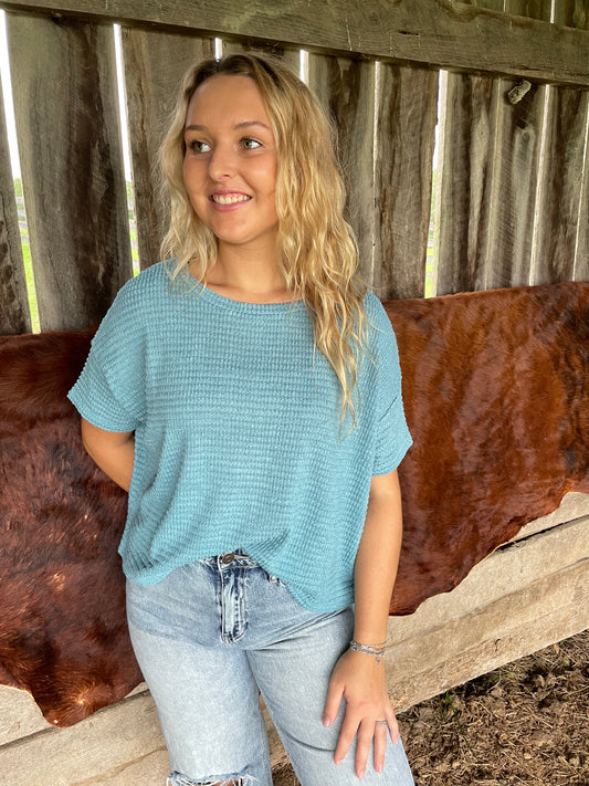 Basic Boxy Waffle Knit Top in Dusty Turquoise