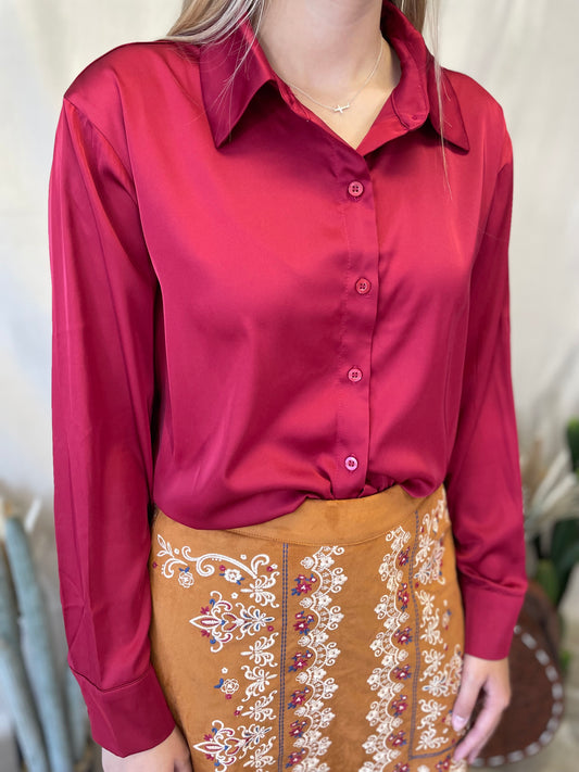 Corporate Cowgirl Basic Button-Up Top in Wine