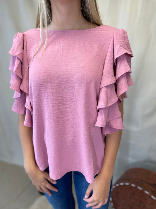 Classic Ruffle Sleeve Blouse in Dusty Rose