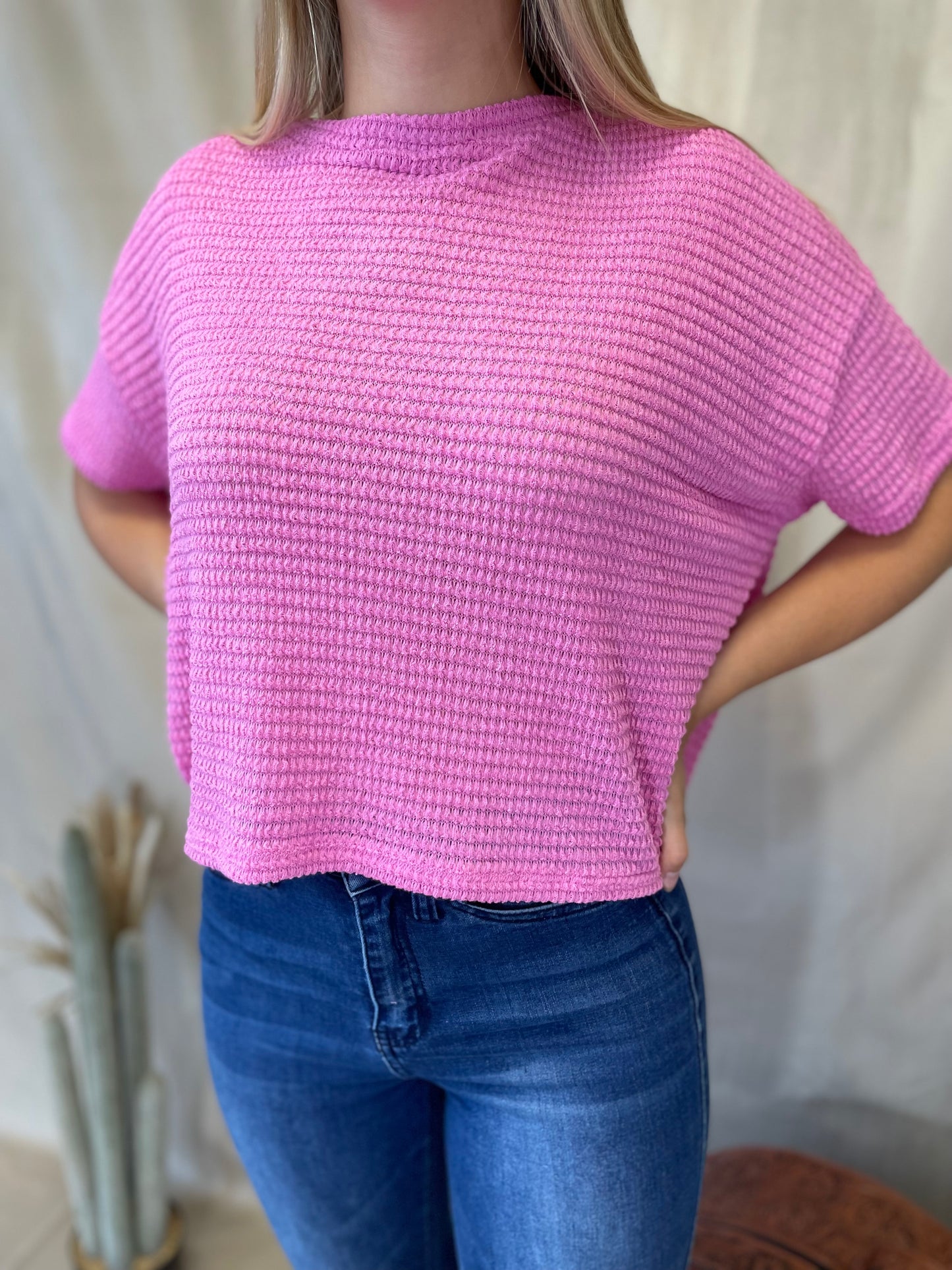 Basic Boxy Waffle Knit Top in Pink