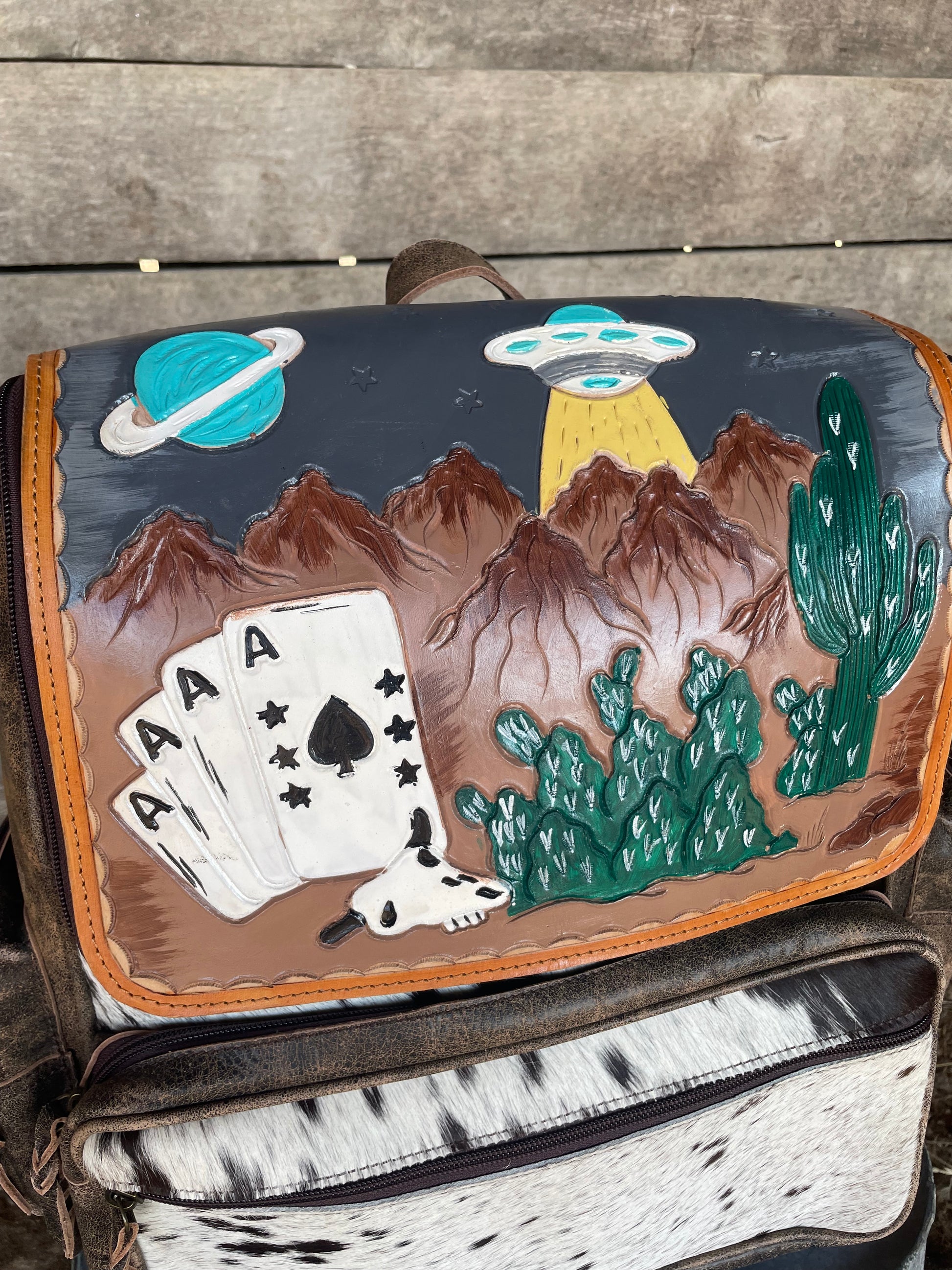 custom leather backpack western Space Cowboy Tooled Leather & Cowhide Backpack – Buckle & Belle Boutique