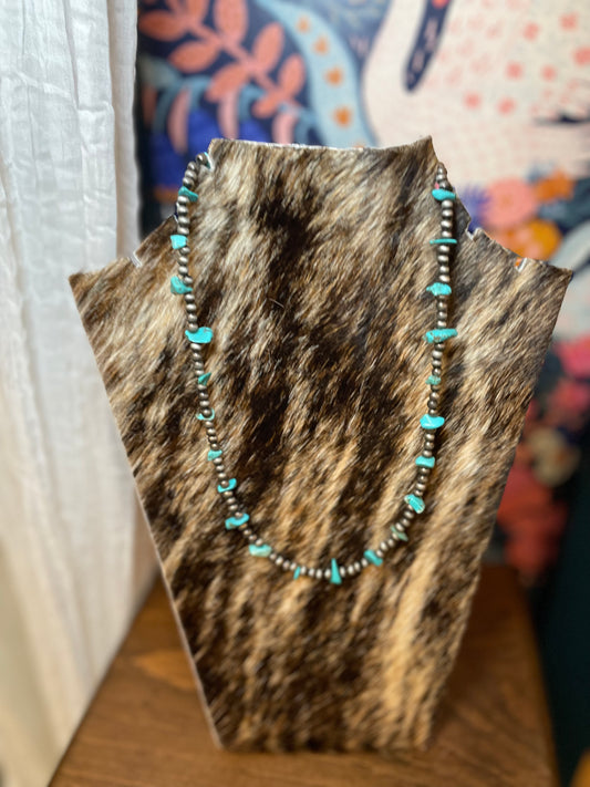 Turquoise Stone Accent Single Strand Navajo Pearl Necklace