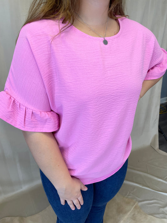 Basic Ruffle Sleeve Top in Candy Pink