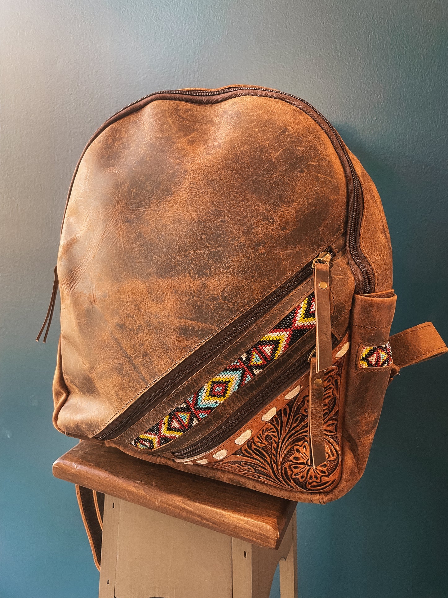 Small Genuine Leather & Seed Bead Backpack