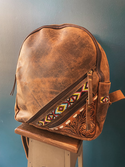 Small Genuine Leather & Seed Bead Backpack
