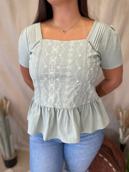 Luna Embroidered Babydoll Top in Mint